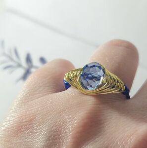 Handmade Blue Crystal Gold Blue Wire Wrapped Ring Made to fit Handmade by me!